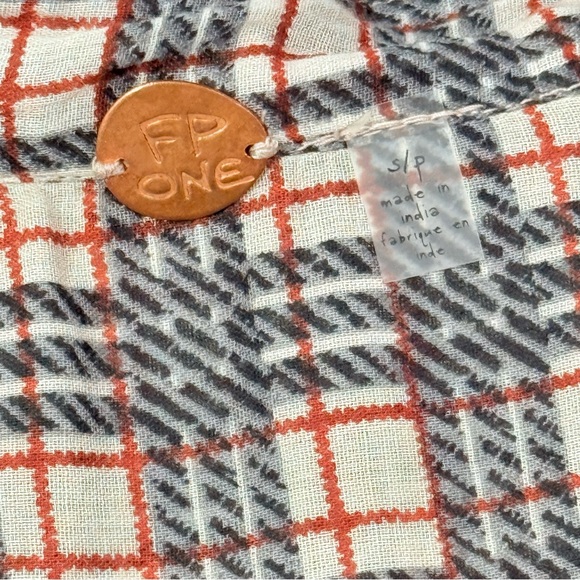 Plaid Ruffle Smocked Tunic Free People FP One Beige Blue Red Blouse S/P - Picture 4 of 10